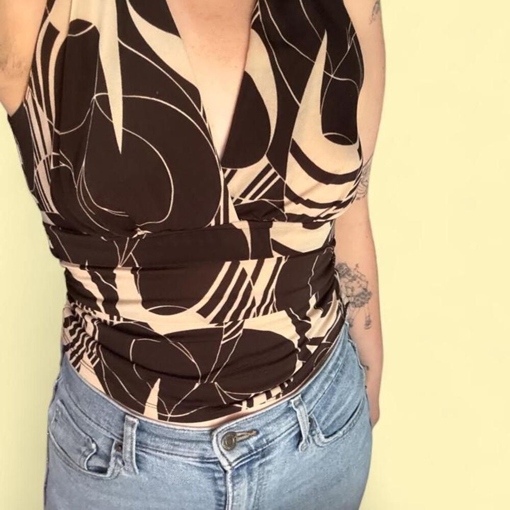 Y2K Moa Moa brown abstract halter tie-back top size S made in USA